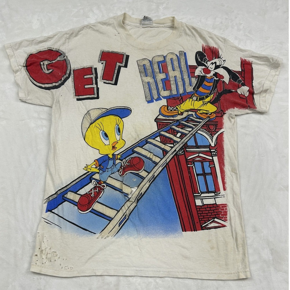 Looney Tunes Graphic T-Shirt Mens XL White Get Real Tweety Sylvester Distressed
